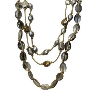 Crystal Cut Glass Silver Gold Nugget Beaded Layered Rope Necklace 22”